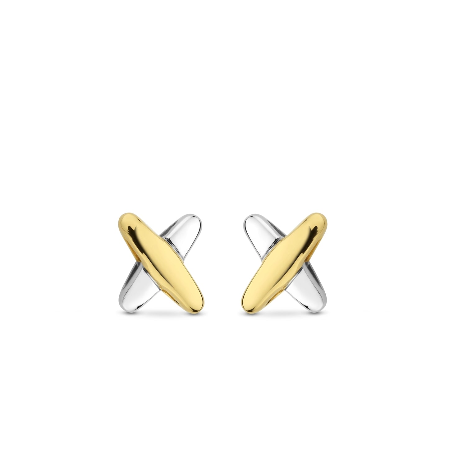 Pair of gold and silver cross-shaped earrings on a white background