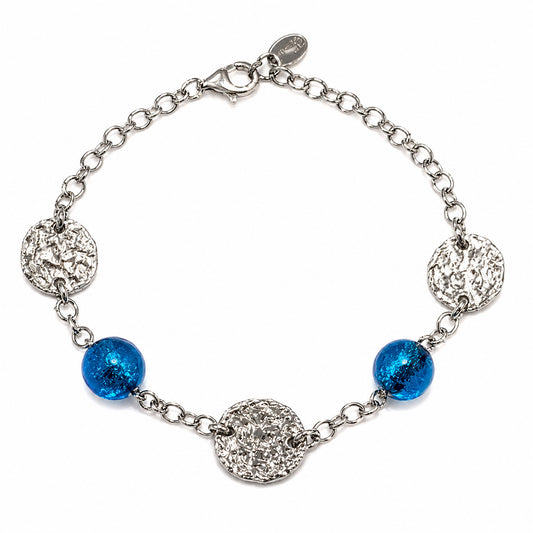 Teal Venetian Glass & Textured Disc Bracelet - Sterling Silver