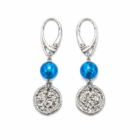 Teal Venetian Glass & Textured Disc Drop Earrings  - Sterling Silver