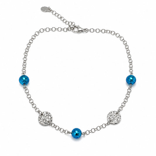 Teal Venetian Glass & Textured Disc Necklace  - Sterling Silver