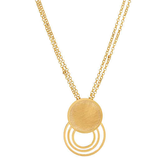 Gold necklace with a circular pendant on a white background
