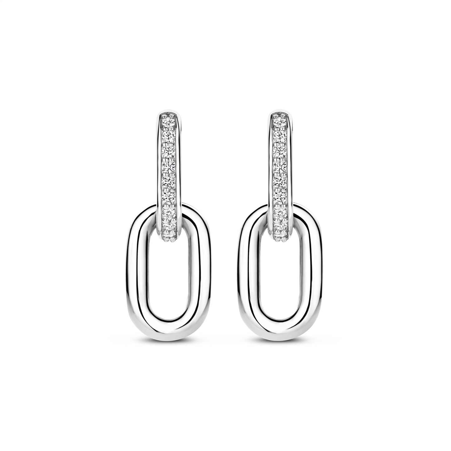 Pair of silver hoop earrings with small diamonds on a white background
