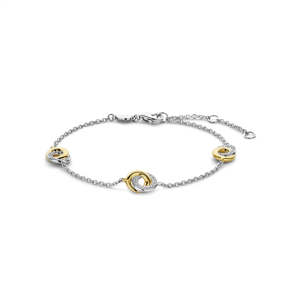 Two-tone bracelet with interlocking circular designs on a white background