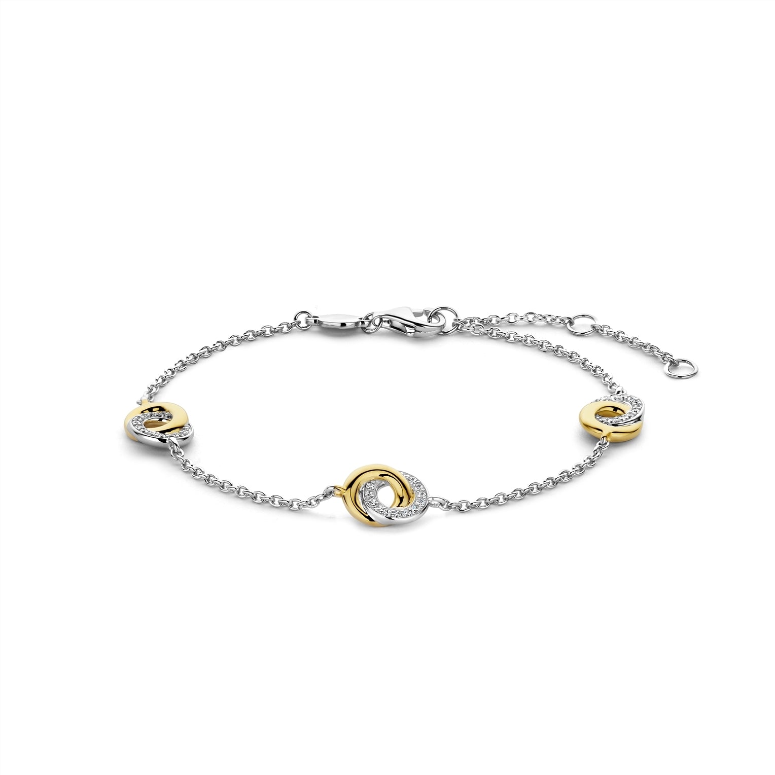 Two-tone bracelet with interlocking circular designs on a white background