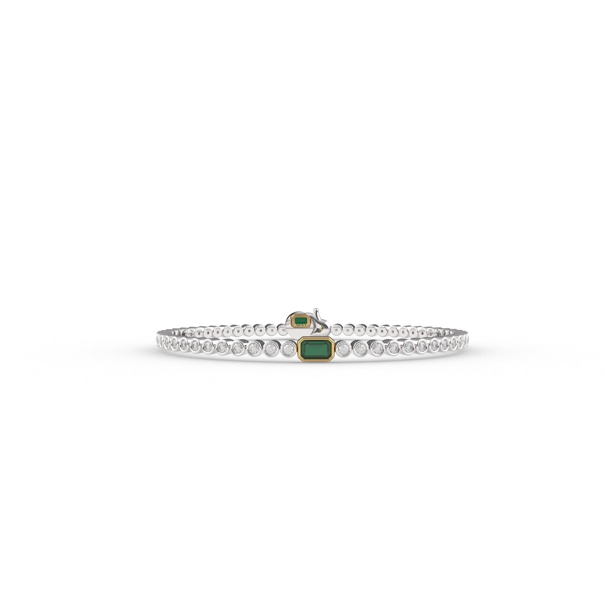 Silver bracelet with a green gemstone on a white background