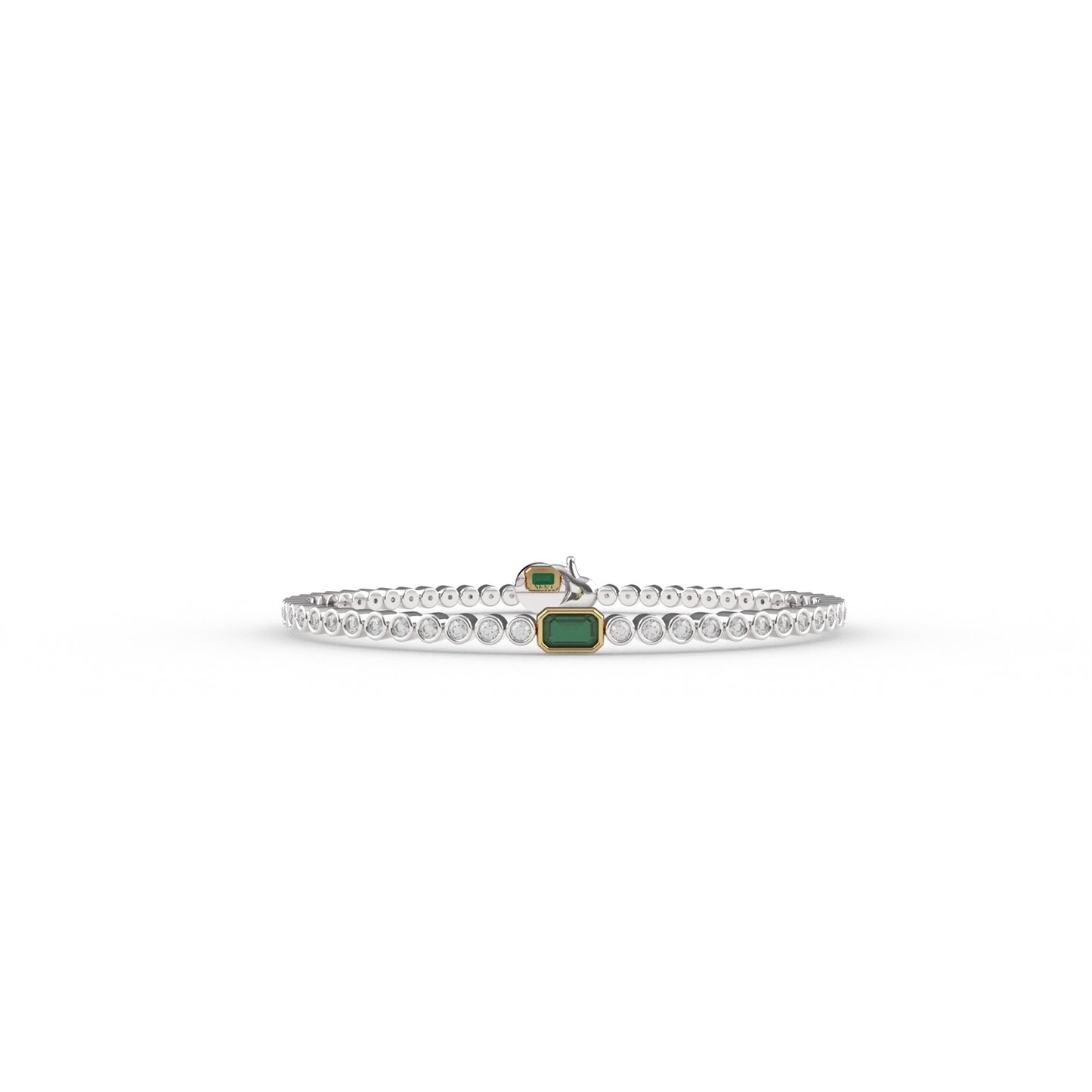 Silver bracelet with a green gemstone on a white background