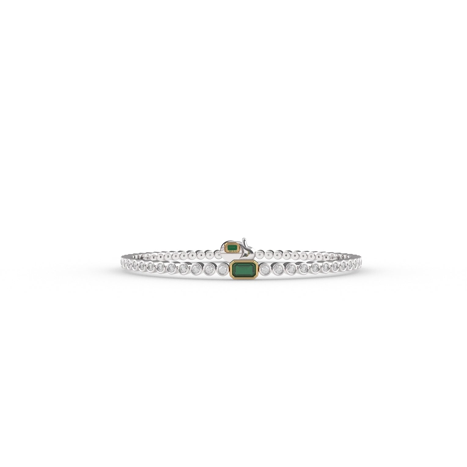 Silver bracelet with a green gemstone on a white background