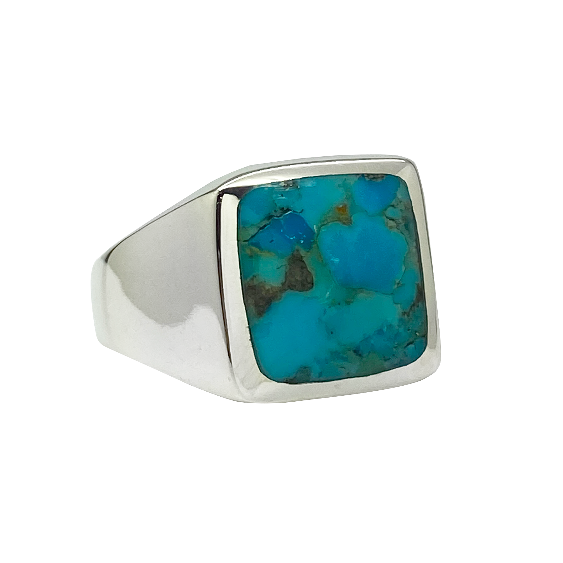 Silver ring with a turquoise stone on a white background
