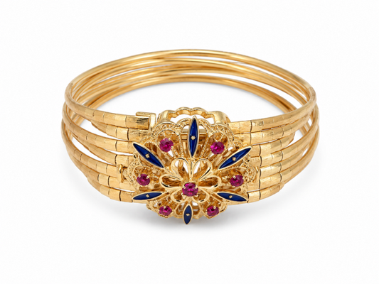Unoaerre Multi Strand 18K Yellow Gold Ruby & Enamel Bracelet