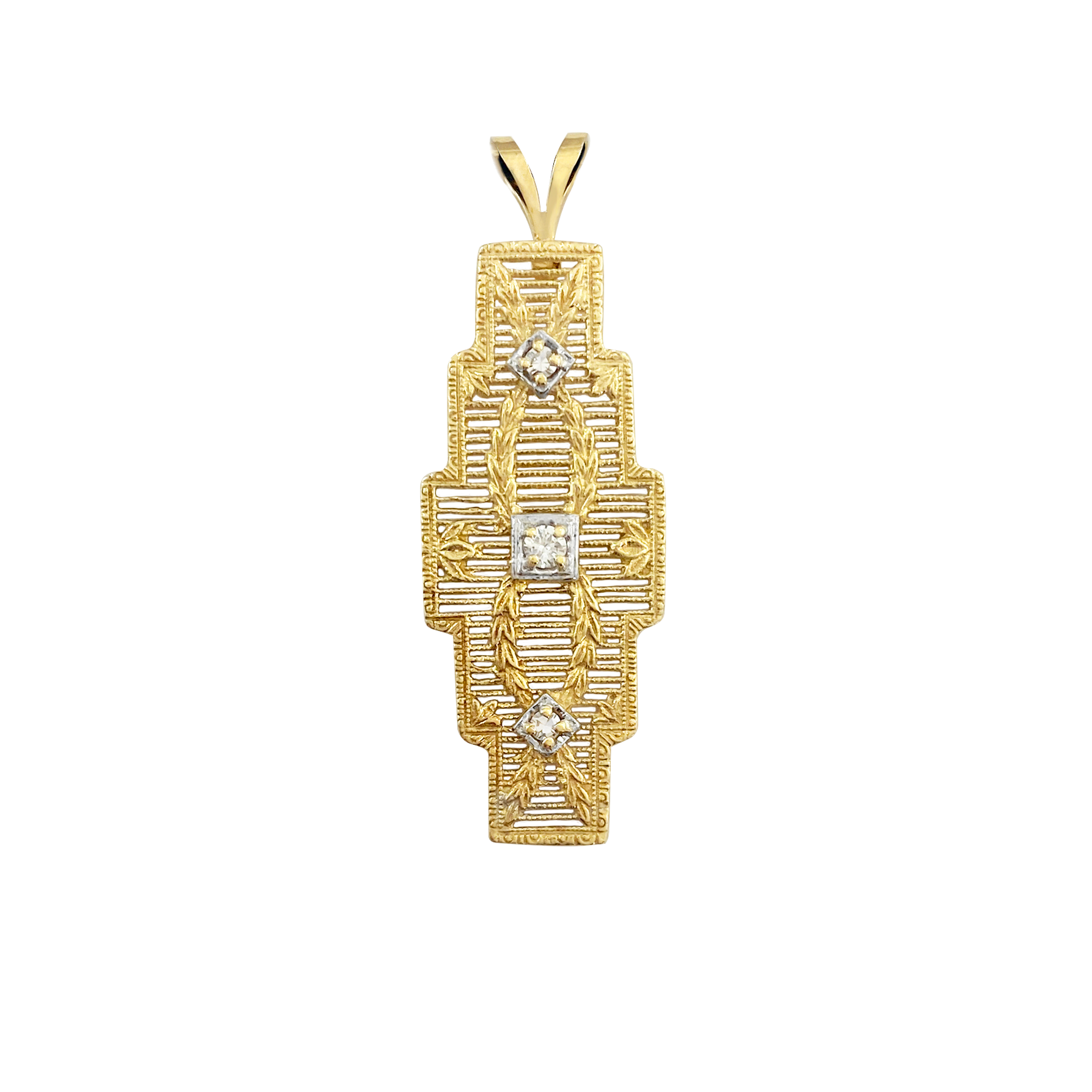 Gold pendant with a geometric design and three diamonds on a white background