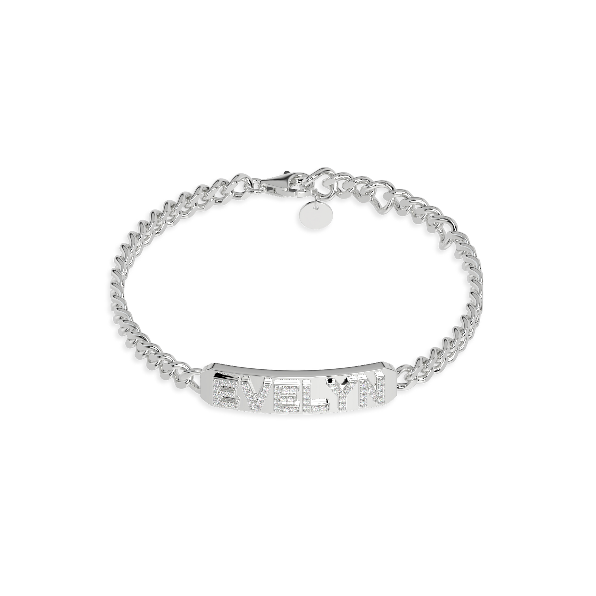 Rhodium Plated Silver Pavé Letter ID Bar Curb Chain Bracelet His & Her ID Bar AW24B001R
