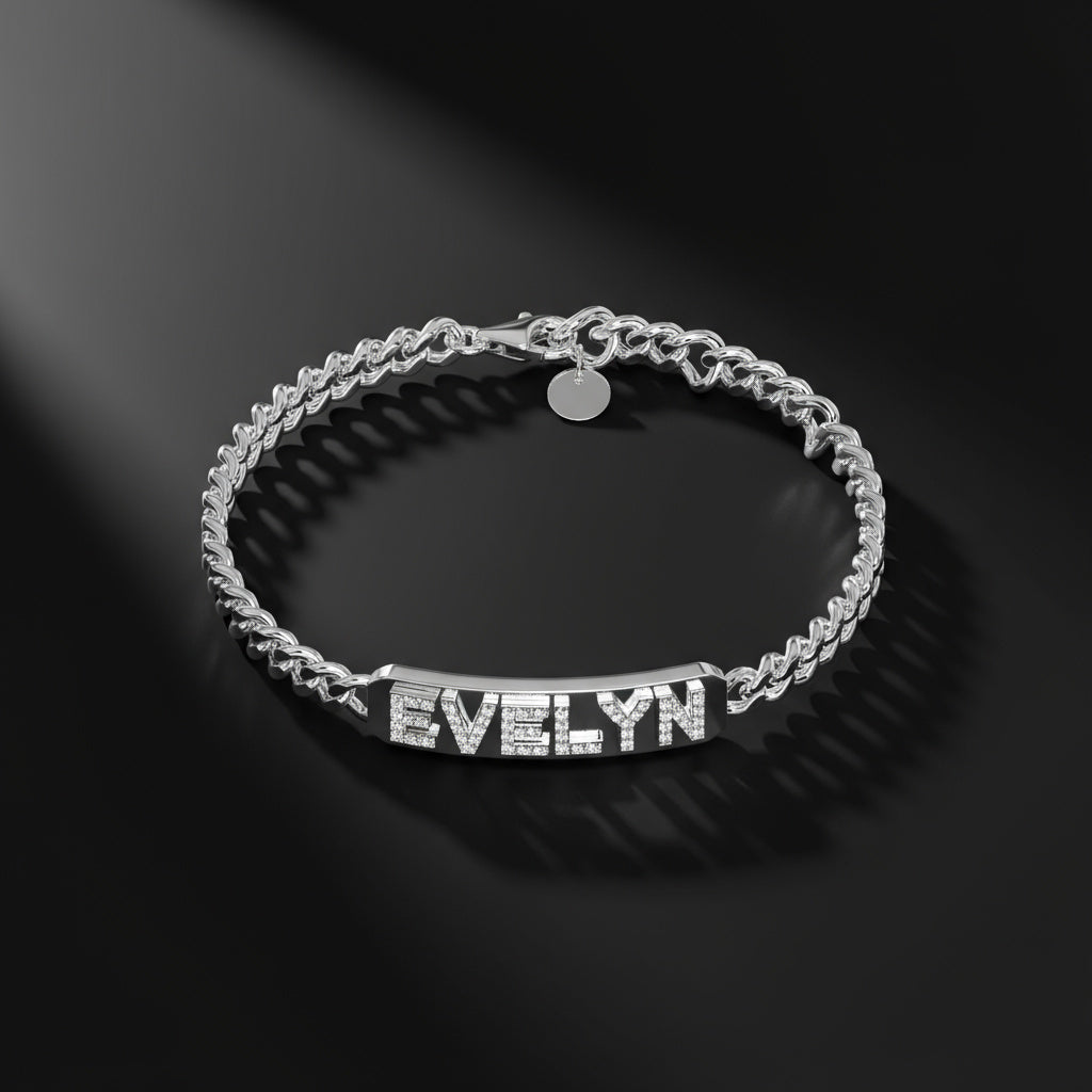 Rhodium Plated Silver Pavé Letter ID Bar Curb Chain Bracelet His & Her ID Bar AW24B001R