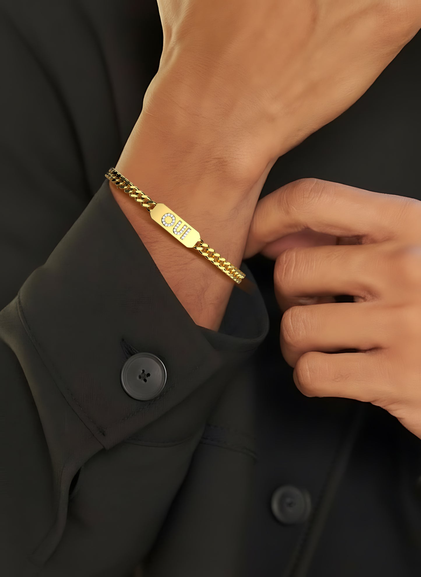 18k Gold Plated Silver Pavé Letter ID Bar Curb Chain Bracelet His & Hers ID Bar AW24B001G