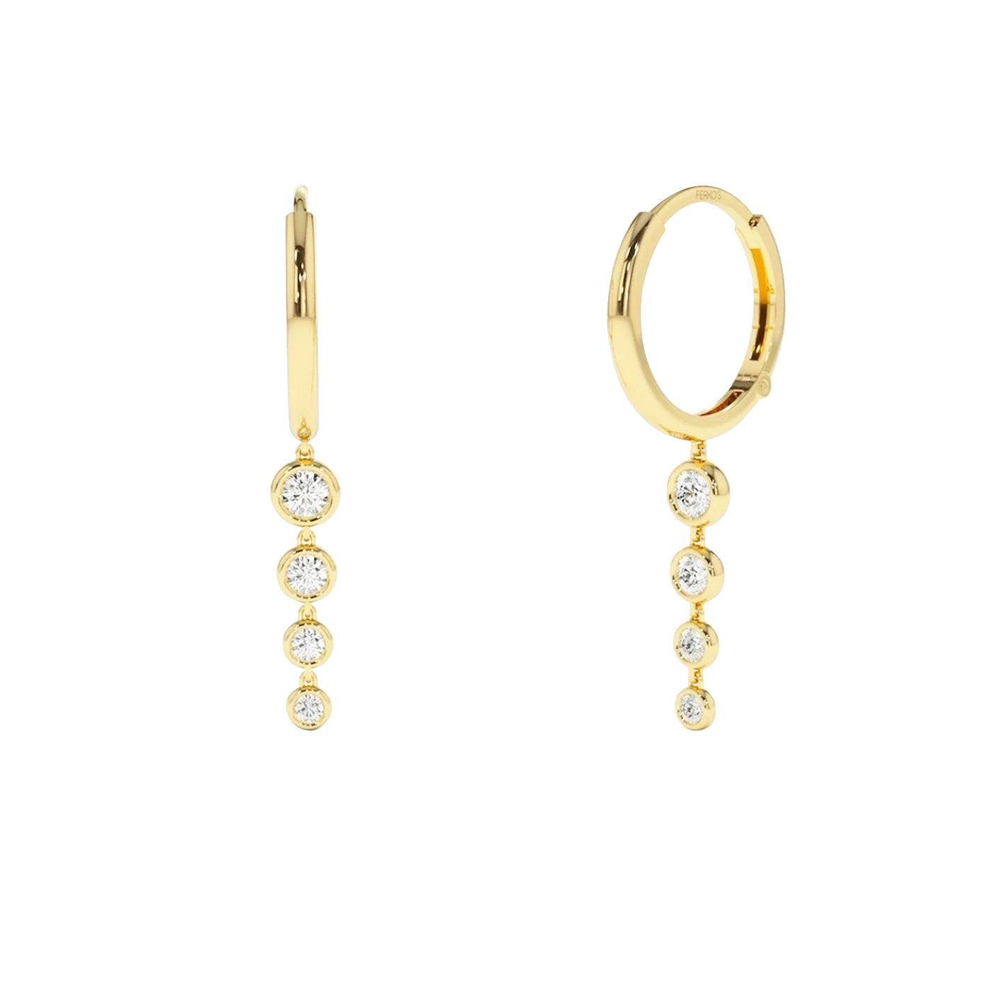 Gold hoop earrings with five dangling bezel set diamonds  The background is white.